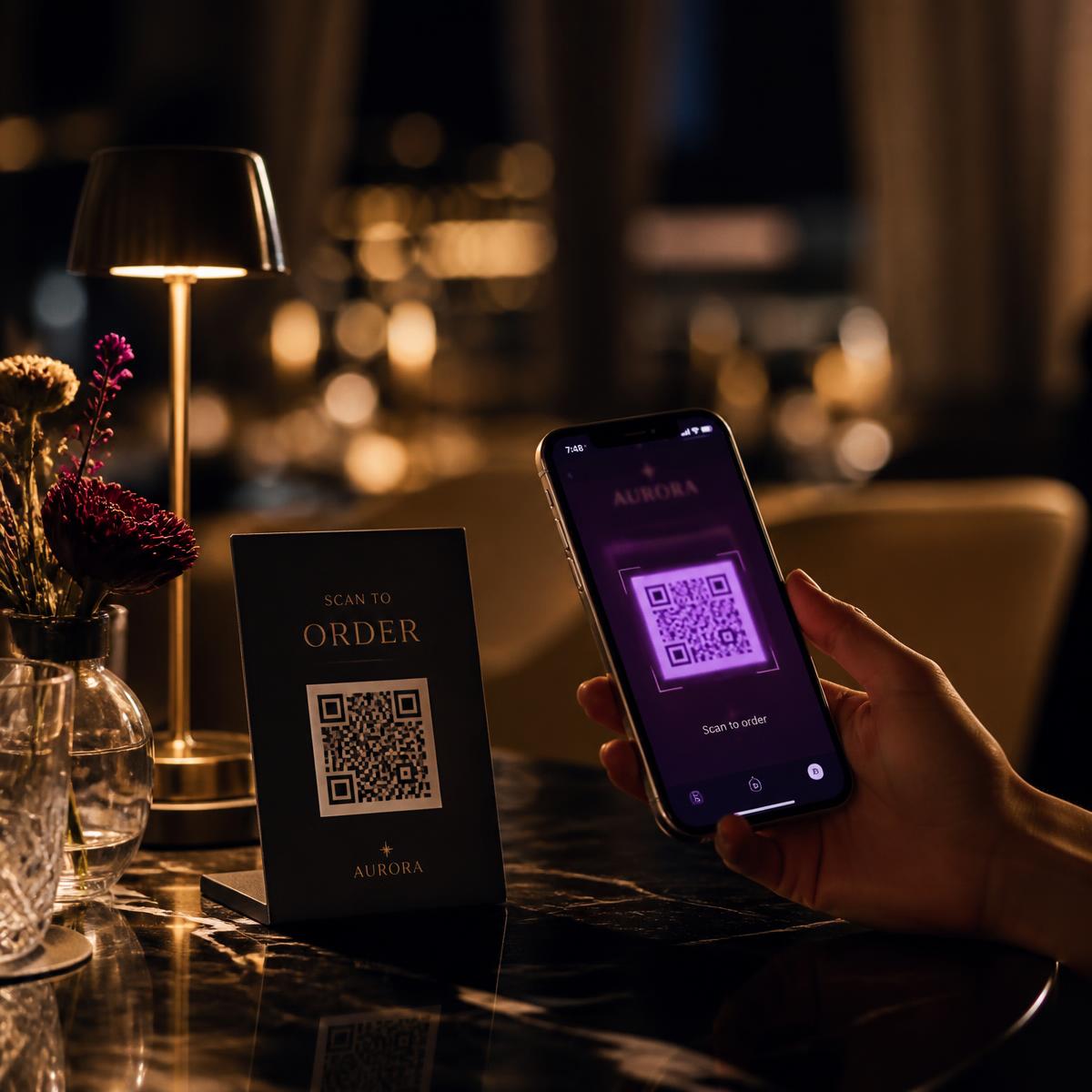 Cliente escaneando un QR de Opiniomax en la mesa de un restaurante